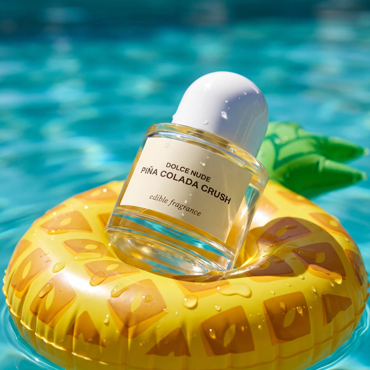 DOLCE NUDE Piña Colada Crush edible fragrance bottle on tropical yellow pineapple float in turquoise blue water pool scene