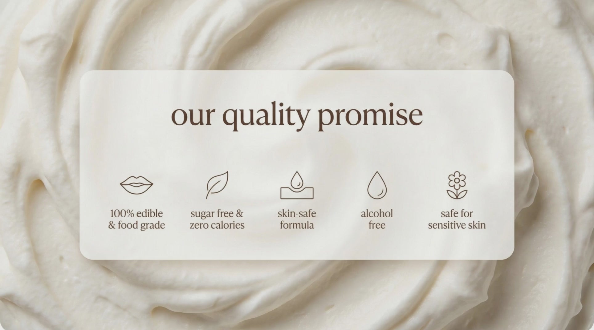Load video: DOLCE NUDE quality promise video - infographic with five icons on cream background displaying 100% edible food grade, sugar free, skin-safe, alcohol free, sensitive skin safe