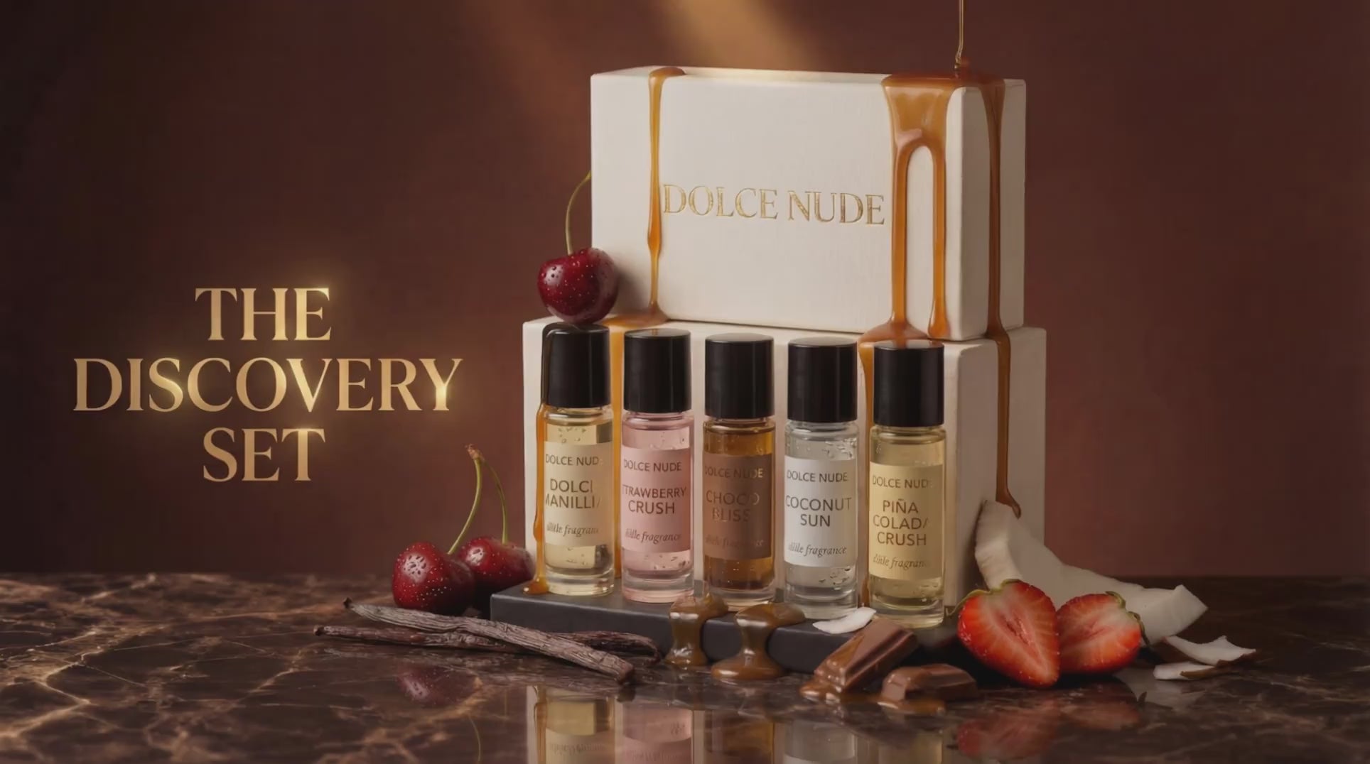 Load video: DOLCE NUDE edible fragrance animated product showcase video with fluid motion and luxury visual effects